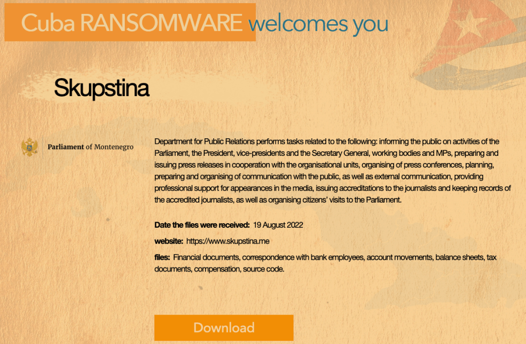 Listing on Cuba Ransomware website related to the Parliament of Montenegro.